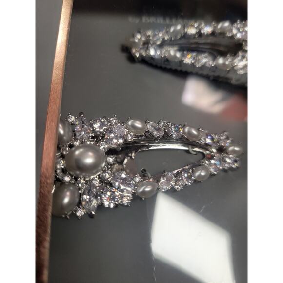 Believe by Brilliance Fine Silver Plated Pearl Cubic Zirconia Hair Clips Pair - Picture 2 of 6